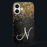 Custom Gold Glitter Black Sparkle Monogram iPhone 16 Case<br><div class="desc">Easily personalize this trendy elegant phone case design featuring pretty gold sparkling glitter on a black brushed metallic background.</div>