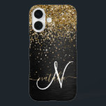 Custom Gold Glitter Black Sparkle Monogram iPhone 16 Case<br><div class="desc">Easily personalize this trendy elegant phone case design featuring pretty gold sparkling glitter on a black brushed metallic background.</div>