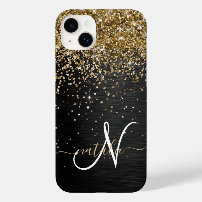 Custom Gold Glitter Black Sparkle Monogram Case-Mate iPhone Case (Back)
