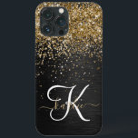 Custom Gold Glitter Black Sparkle Monogram iPhone 13 Pro Max Case<br><div class="desc">Easily personalize this trendy elegant phone case design featuring pretty gold sparkling glitter on a black brushed metallic background.</div>
