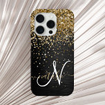 Custom Gold Glitter Black Sparkle Monogram iPhone 15 Pro Case<br><div class="desc">Easily personalize this trendy elegant phone case design featuring pretty gold sparkling glitter on a black brushed metallic background.</div>