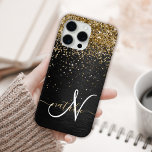 Custom Gold Glitter Black Sparkle Monogram iPhone 15 Pro Max Case<br><div class="desc">Easily personalize this trendy elegant phone case design featuring pretty gold sparkling glitter on a black brushed metallic background.</div>