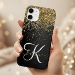 Custom Gold Glitter Black Sparkle Monogram Case-Mate iPhone 14 Case<br><div class="desc">Easily personalize this trendy elegant phone case design featuring pretty gold sparkling glitter on a black brushed metallic background.</div>
