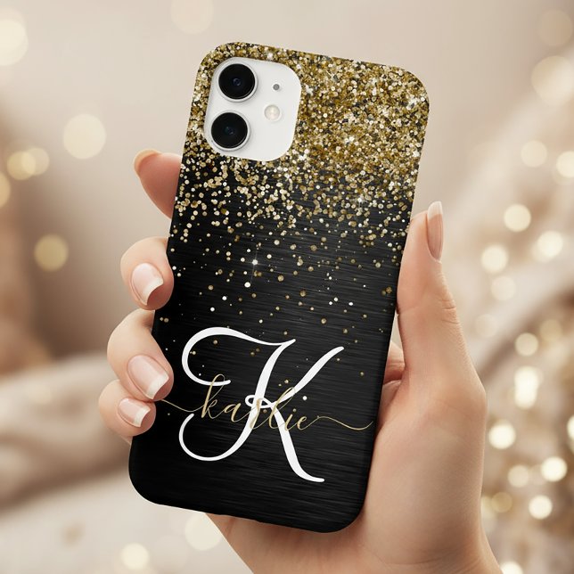 Custom Gold Glitter Black Sparkle Monogram Case-Mate iPhone Case (Creator Uploaded)
