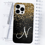 Custom Gold Glitter Black Sparkle Monogram Case-Mate iPhone 14 Pro Max Case<br><div class="desc">Easily personalize this trendy elegant phone case design featuring pretty gold sparkling glitter on a black brushed metallic background.</div>