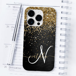 Custom Gold Glitter Black Sparkle Monogram Case-Mate iPhone 14 Pro Case