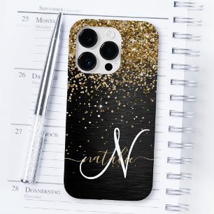 Custom Gold Glitter Black Sparkle Monogram Case-Mate iPhone 14 Pro Case