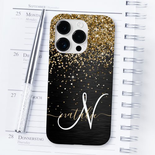 Custom Gold Glitter Black Sparkle Monogram Case_Mate iPhone 14 Pro Case