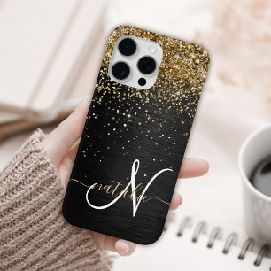 Custom Gold Glitter Black Sparkle Monogram iPhone 15 Pro Max Case