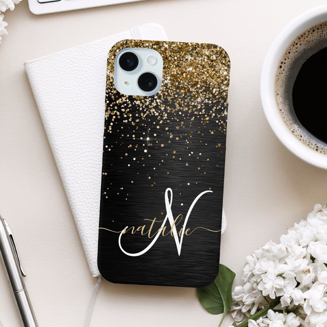 Custom Gold Glitter Black Sparkle Monogram Case-Mate iPhone Case (Creator Uploaded)