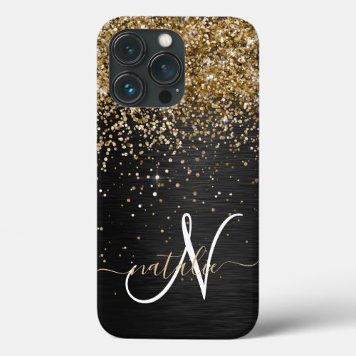 Custom Gold Glitter Black Sparkle Monogram iPhone 13 Pro Case