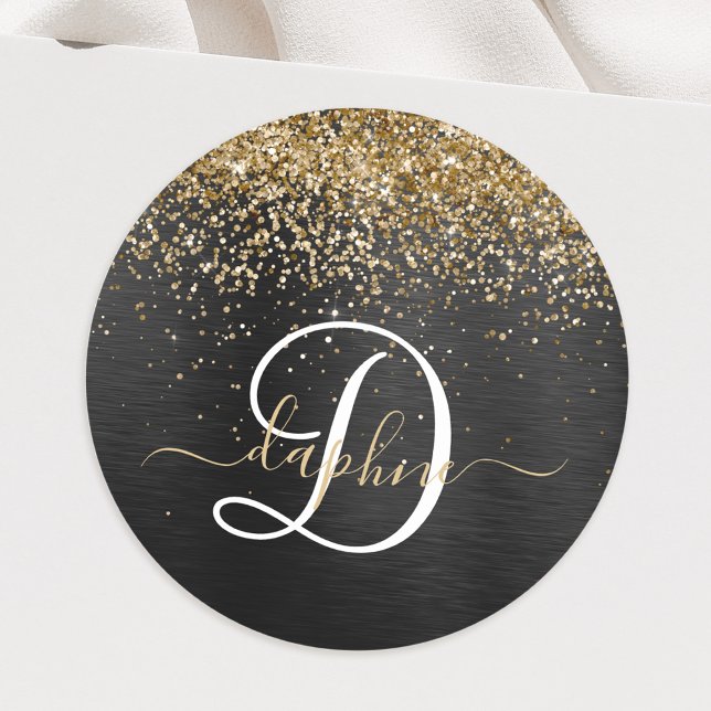  Custom Gold Glitter Black Sparkle Monogram Classic Round Sticker (Creator Uploaded)