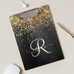 Custom Gold Glitter Black Sparkle Monogram Clipboard