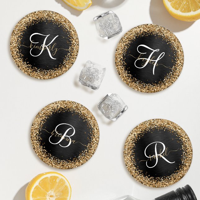 Custom Gold Glitter Black Sparkle Monogram Coaster Set (Creator Uploaded)