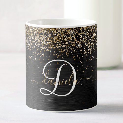 Custom Gold Glitter Black Sparkle Monogram Coffee Mug