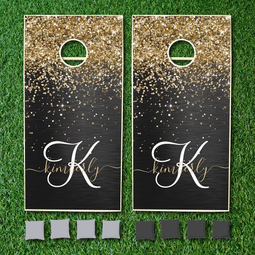 Custom Gold Glitter Black Sparkle Monogram Cornhole Set