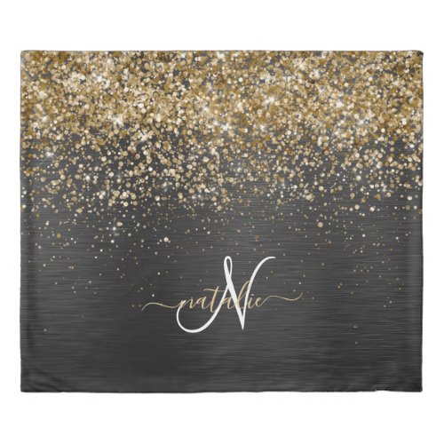 Custom Gold Glitter Black Sparkle Monogram Duvet Cover