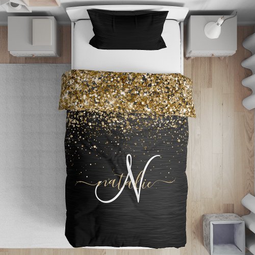 Custom Gold Glitter Black Sparkle Monogram Duvet Cover