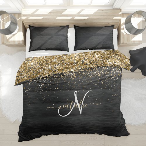 Custom Gold Glitter Black Sparkle Monogram Duvet Cover