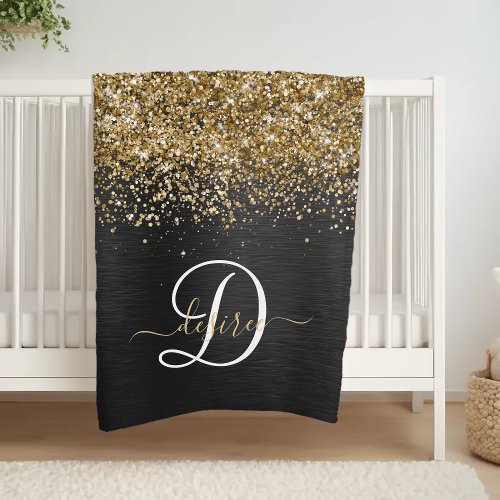 Custom Gold Glitter Black Sparkle Monogram Fleece Blanket