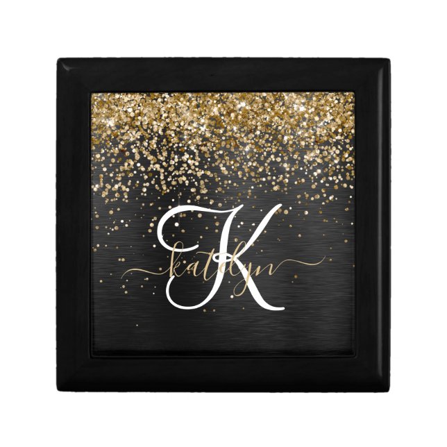 Custom Gold Glitter Black Sparkle Monogram Gift Box (Front)