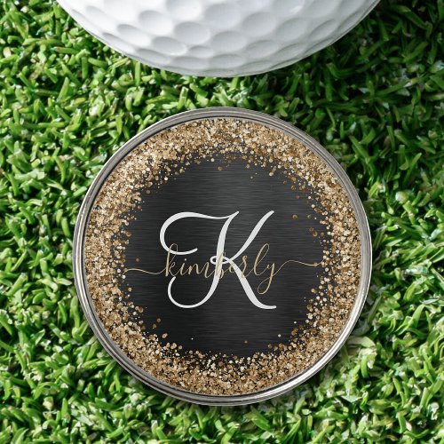 Custom Gold Glitter Black Sparkle Monogram Golf Ball Marker