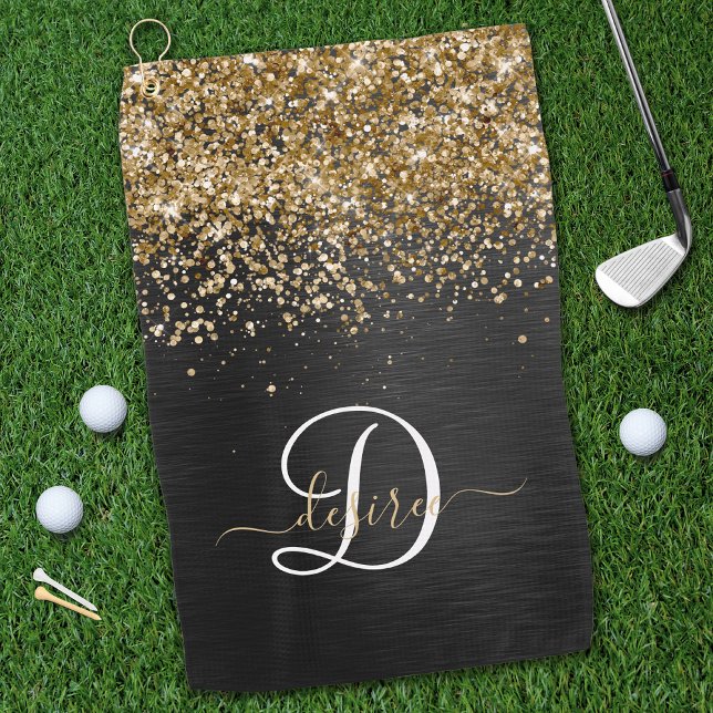 Custom Gold Glitter Black Sparkle Monogram Golf Towel (Creator Uploaded)