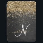 Custom Gold Glitter Black Sparkle Monogram iPad Air Cover<br><div class="desc">Easily personalize this trendy elegant iPad cover design featuring pretty gold sparkling glitter on a black brushed metallic background.</div>