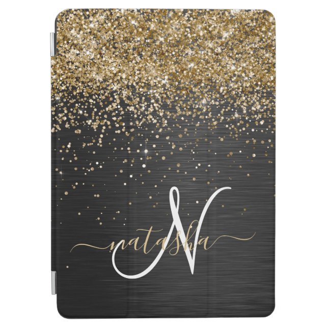 Custom Gold Glitter Black Sparkle Monogram iPad Air Cover (Front)