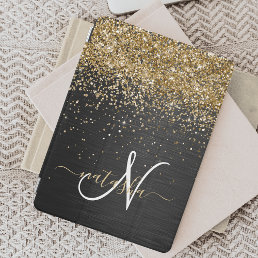 Custom Gold Glitter Black Sparkle Monogram iPad Air Cover