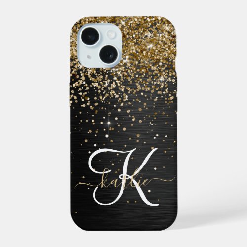 Custom Gold Glitter Black Sparkle Monogram iPhone 15 Case