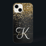 Custom Gold Glitter Black Sparkle Monogram iPhone 14 Case<br><div class="desc">Easily personalize this trendy elegant phone case design featuring pretty gold sparkling glitter on a black brushed metallic background.</div>