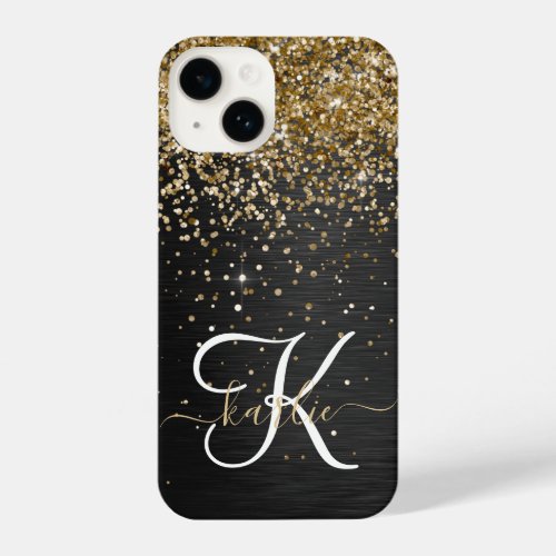 Custom Gold Glitter Black Sparkle Monogram iPhone 14 Case