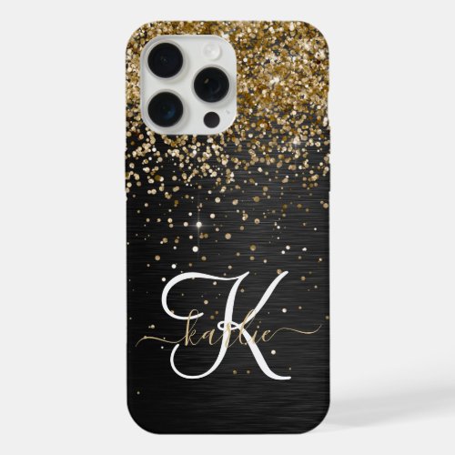Custom Gold Glitter Black Sparkle Monogram iPhone 15 Pro Max Case