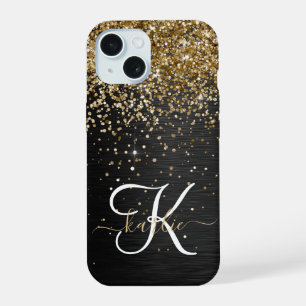 Custom Gold Glitter Black Sparkle Monogram iPhone 15 Case