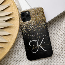 Custom Gold Glitter Black Sparkle Monogram iPhone 14 Pro Max Case