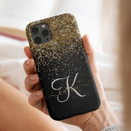 Custom Gold Glitter Black Sparkle Monogram iPhone 14 Pro Case