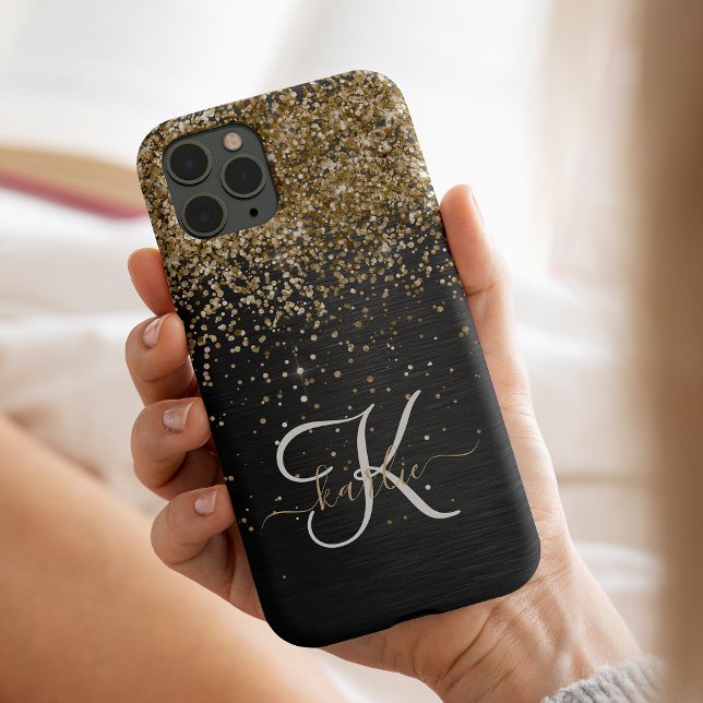 Custom Gold Glitter Black Sparkle Monogram iPhone Case (Creator Uploaded)