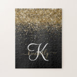 Custom Gold Glitter Black Sparkle Monogram Jigsaw Puzzle<br><div class="desc">Easily personalize this trendy elegant jigsaw puzzle design featuring pretty gold sparkling glitter on a black brushed metallic background.</div>