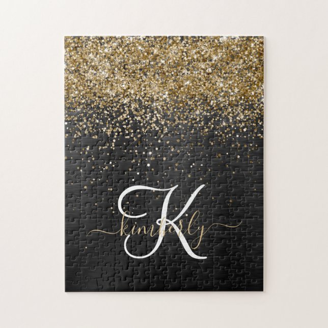 Custom Gold Glitter Black Sparkle Monogram Jigsaw Puzzle (Vertical)