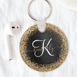 Custom Gold Glitter Black Sparkle Monogram Keychain