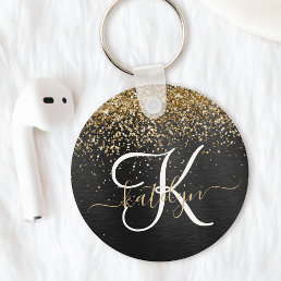 Custom Gold Glitter Black Sparkle Monogram Keychain