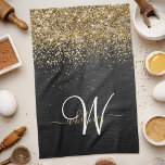 Custom Gold Glitter Black Sparkle Monogram Kitchen Towel<br><div class="desc">Easily personalize this trendy elegant kitchen towel design featuring pretty gold sparkling glitter on a black brushed metallic background.</div>