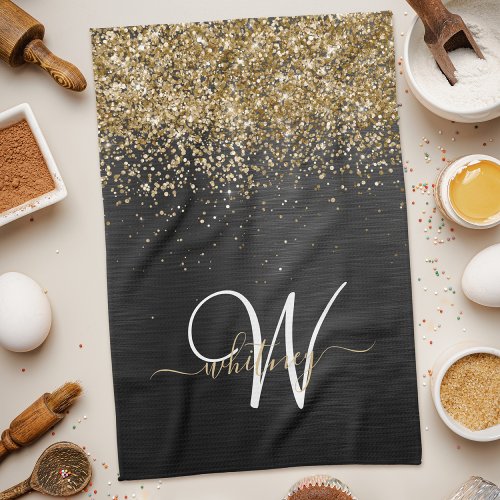 Custom Gold Glitter Black Sparkle Monogram Kitchen Towel
