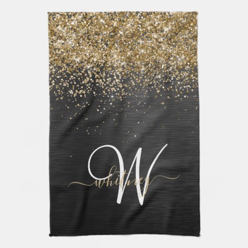 Custom Gold Glitter Black Sparkle Monogram Kitchen Towel