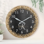 Custom Gold Glitter Black Sparkle Monogram Large Clock<br><div class="desc">Easily personalize this trendy elegant clock design featuring pretty gold sparkling glitter on a black brushed metallic background.</div>