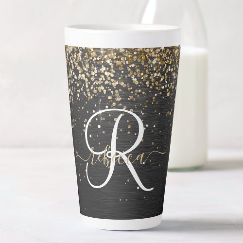 Custom Gold Glitter Black Sparkle Monogram Latte Mug