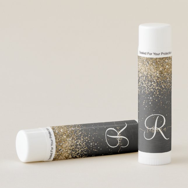 Custom Gold Glitter Black Sparkle Monogram Lip Balm (Front)
