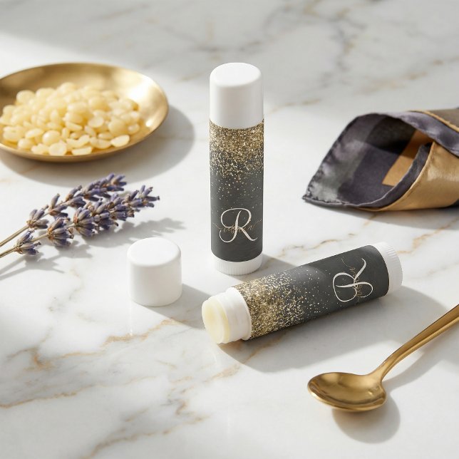 Custom Gold Glitter Black Sparkle Monogram Lip Balm (Creator Uploaded)