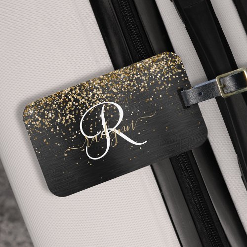 Custom Gold Glitter Black Sparkle Monogram Luggage Tag